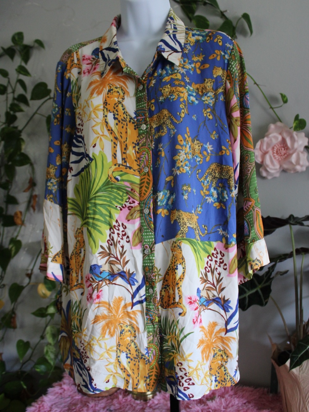 Rose + Olive 1X Patchwork Leopard Tropical Print Oversized Button Down Shirt - Picture 2 of 12
